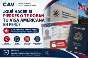 Imagen de visas y pasaporte frente a la embajada de EE. UU. en Perú.